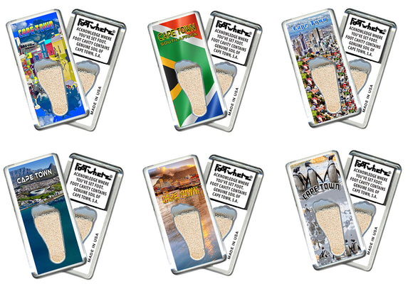 Cape Town, S.A. FootWhere® Souvenir Fridge Magnets. 6 Piece Set. Made in USA