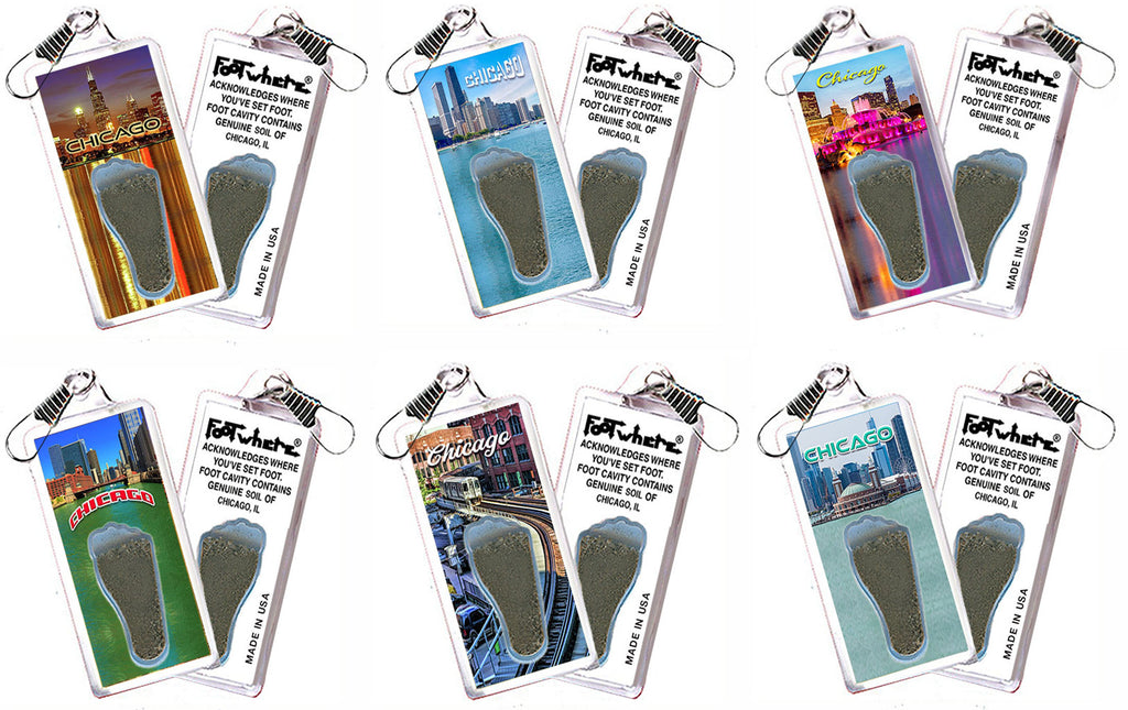 Chicago FootWhere® Souvenir Zipper-Pulls. 6 Piece Set. Made in USA