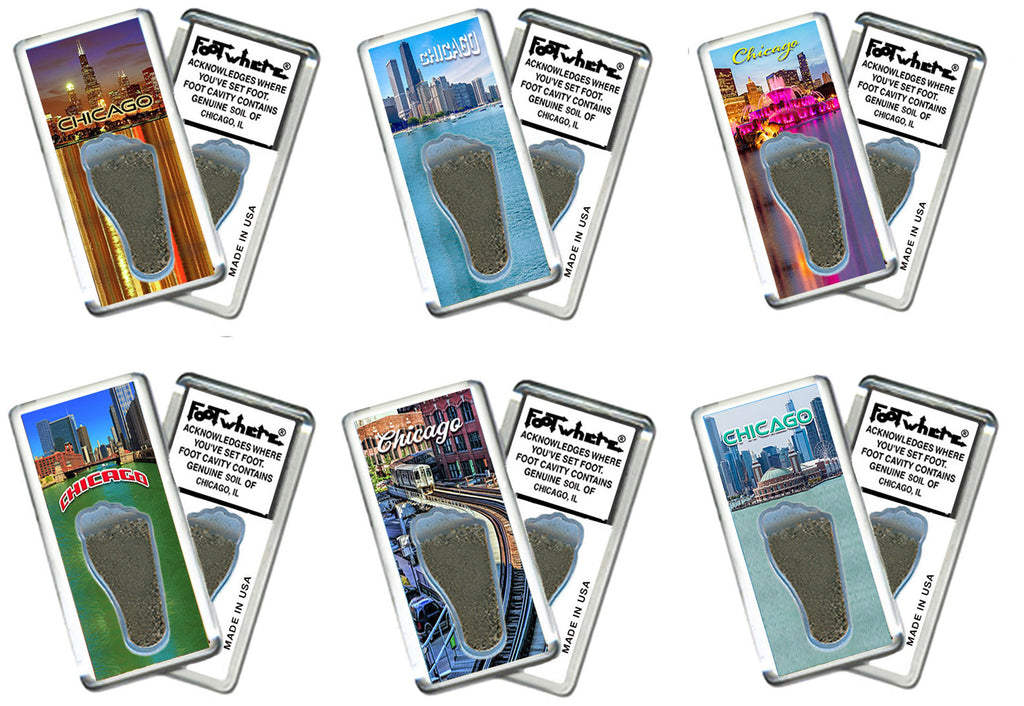 Chicago FootWhere® Souvenir Fridge Magnets. 6 Piece Set. Made in USA