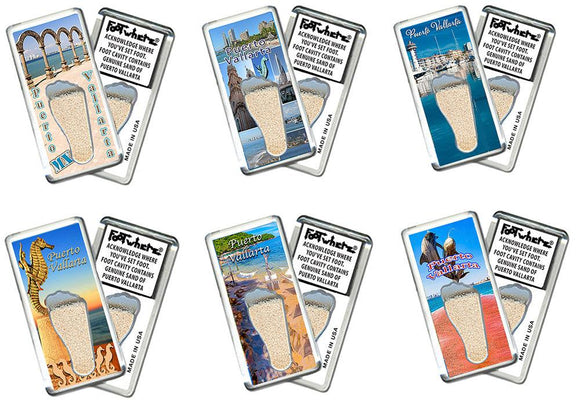 Puerto Vallarta FootWhere® Souvenir Fridge Magnets. 6 Piece Set. Made in USA