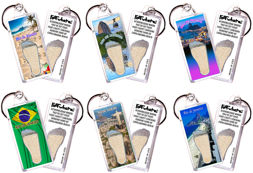 Rio De Janeiro FootWhere® Souvenir Keychains. 6 Piece Set. Made in USA