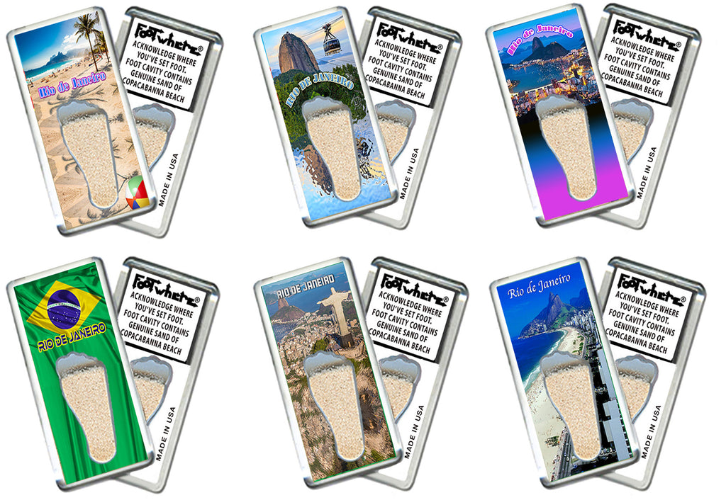 Rio De Janeiro FootWhere® Souvenir Magnets. 6 Piece Set. Made in USA