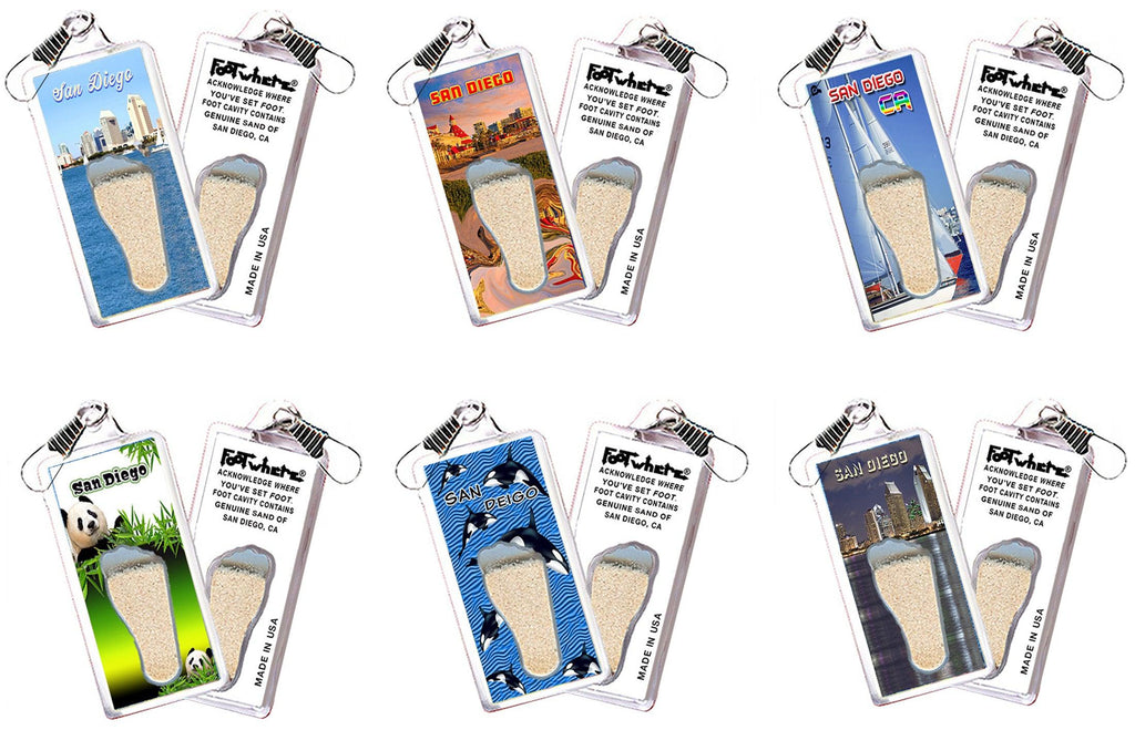 San Diego FootWhere® Souvenir Zipper-Pulls. 6 Piece Set. Made in USA - FootWhere® Souvenir Shop