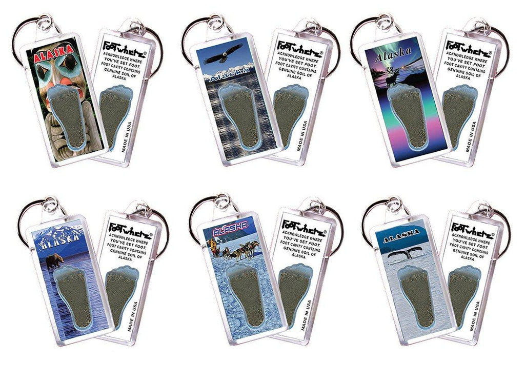 Alaska FootWhere® Souvenir Keychains. 6 Piece Set. Made in USA-FootWhere® Souvenirs