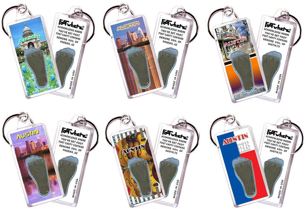 Austin FootWhere® Souvenir Keychains. 6 Piece Set. Made in USA-FootWhere® Souvenirs