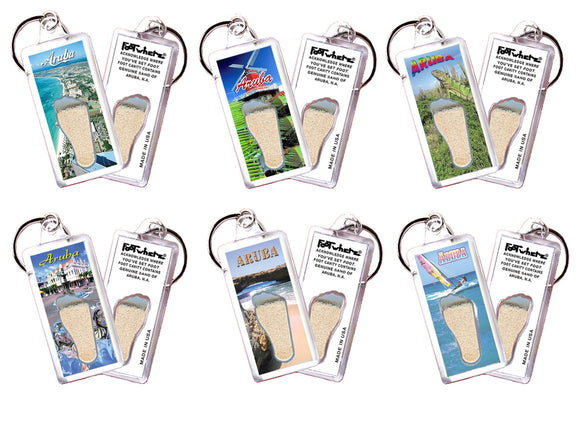 Aruba FootWhere® Souvenir Keychains. 6 Piece Set. Made in USA-FootWhere® Souvenirs