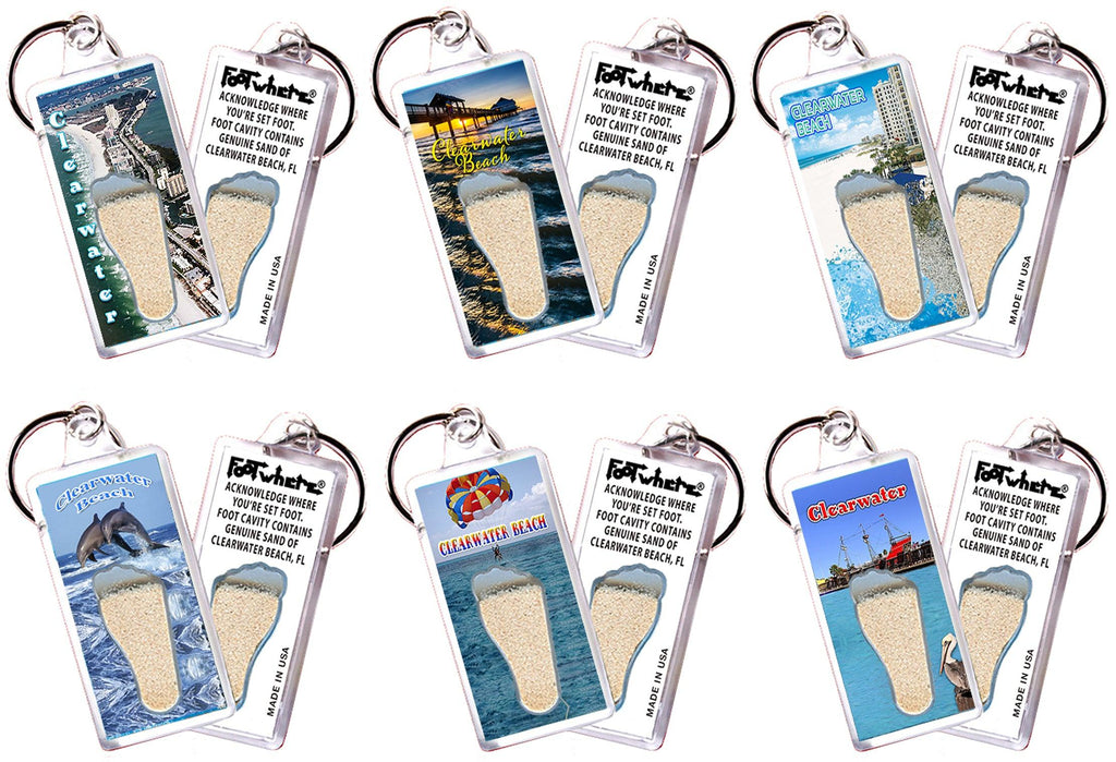 Clearwater FootWhere® Souvenir Keychains. 6 Piece Set. Made in USA-FootWhere® Souvenirs