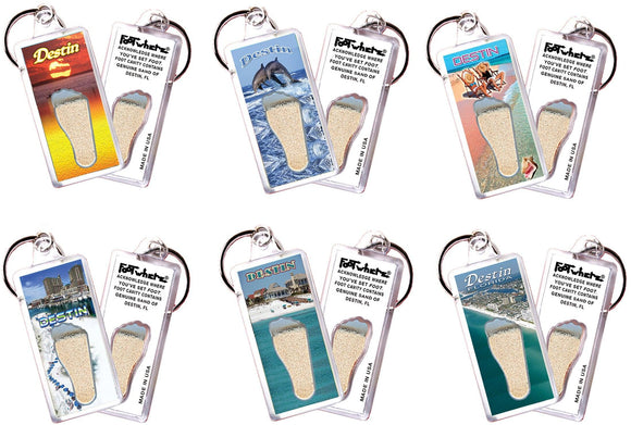 Destin FootWhere® Souvenir Keychains. 6 Piece Set. Made in USA-FootWhere® Souvenirs