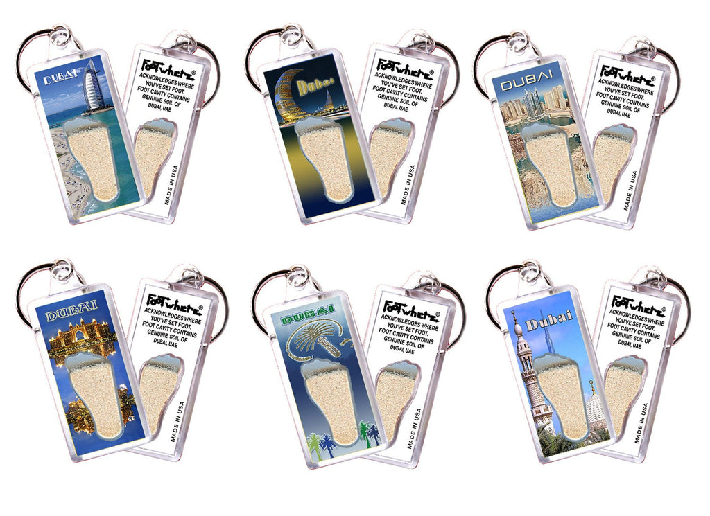 Dubai FootWhere® Souvenir Keychains. 6 Piece Set. Made in USA-FootWhere® Souvenirs