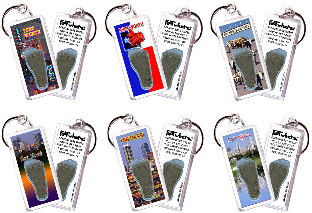 Fort Worth FootWhere® Souvenir Keychains. 6 Piece Set. Made in USA-FootWhere® Souvenirs