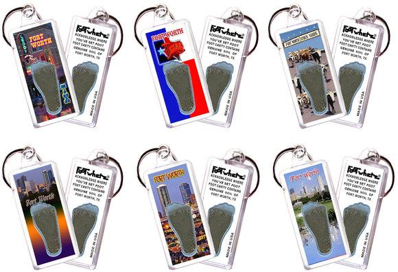 Fort Worth FootWhere® Souvenir Keychains. 6 Piece Set. Made in USA-FootWhere® Souvenirs