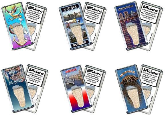 Norfolk FootWhere® Souvenir Fridge Magnets. 6 Piece Set. Made in USA - FootWhere® Souvenir Shop