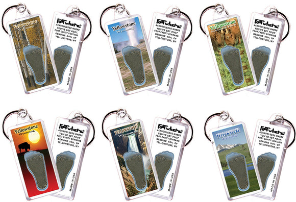 Yellowstone FootWhere® Souvenir Keychains. 6 Piece Set. Made in USA